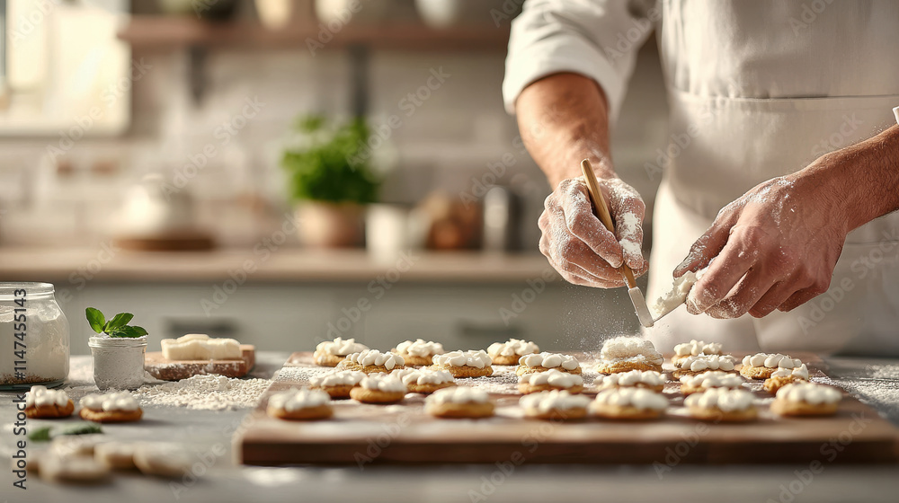 Baker decorating cookies with cream in cozy kitchen, showcasing culinary skills and creativity. Flour and ingredients scattered on countertop enhance baking atmosphere Baker decorating cookies with cream in cozy kitchen, showcasing culinary skills and creativity. Flour and ingredients scattered on countertop enhance baking atmosphere