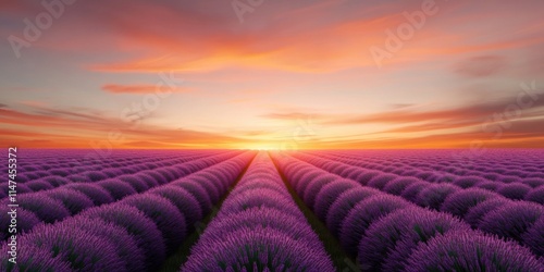 Lavender Fields Blooming at Sunrise Provence France Nature Serene Landscape Vibrant Colors Tranquil Atmosphere photo