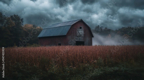 Rustic red barn in a misty cornfield under a dramatic sky.