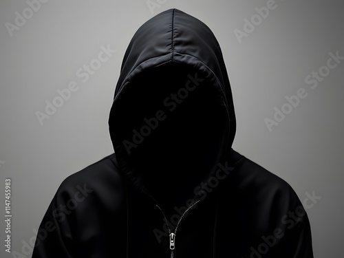Shadowy Figure Black Hoodie Mysterious Person Gray Background