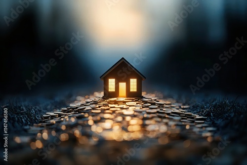 Futuristic home pathway of coins dreamlike setting artistic concept enigmatic atmosphere close-up view visual metaphor for prosperity photo