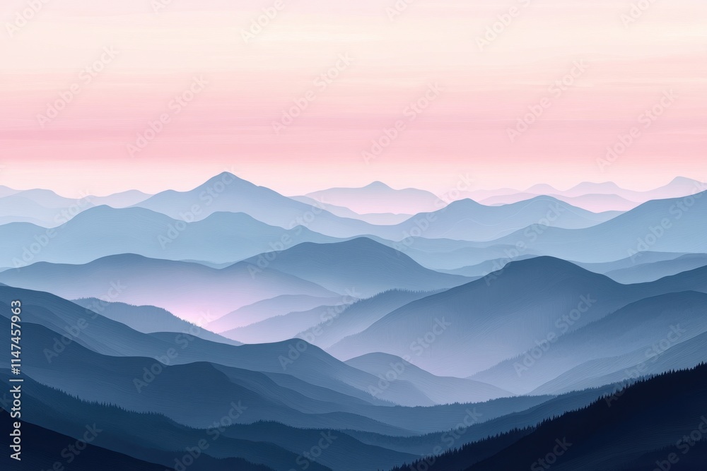 Serene mountain landscape with layered hills, soft pastel sky at sunset, tranquil scene, natural beauty Serene mountain landscape with layered hills, soft pastel sky at sunset, tranquil scene, natural beauty