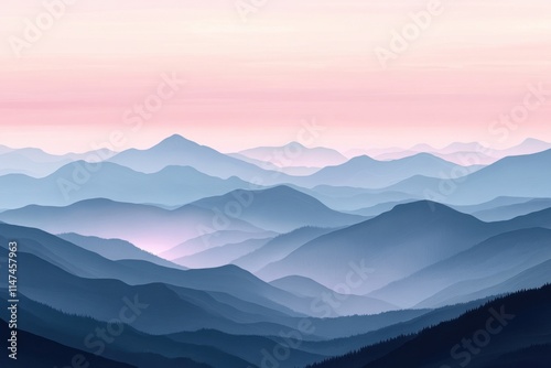 Serene mountain landscape with layered hills, soft pastel sky at sunset, tranquil scene, natural beauty