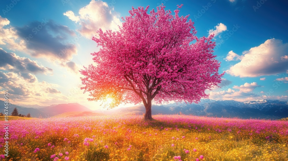 Pink trees in the grass,Generative AI Pink trees in the grass,Generative AI