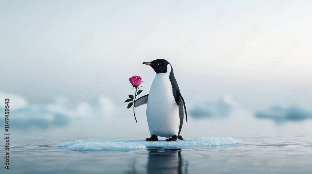 Obraz premium charming penguin holding pink rose stands on ice floe, surrounded by serene icy landscape. This whimsical scene captures unique blend of nature and romance
