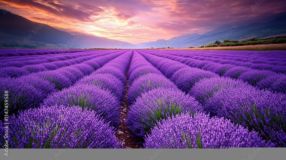 Obraz premium A vibrant lavender field at sunset, showcasing rows of blooming purple flowers.