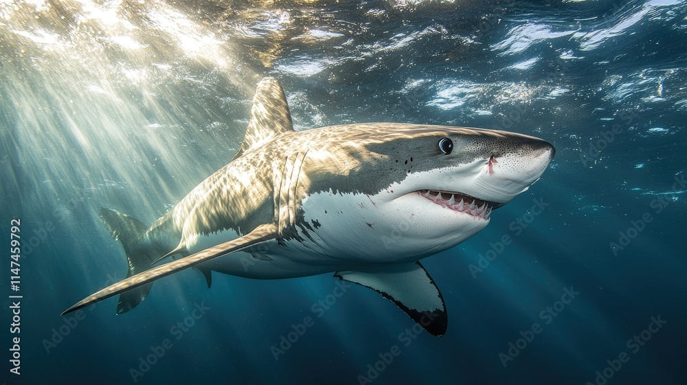 Fototapeta premium Majestic great white shark underwater, sunlit ocean.