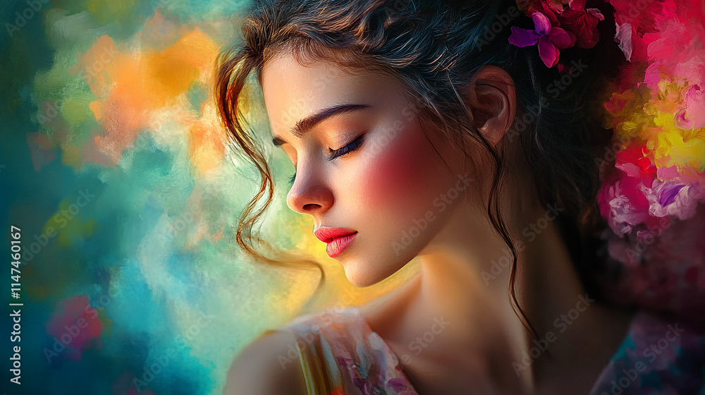 Portrait of a woman with floral elements against a colorful abstract background. Portrait of a woman with floral elements against a colorful abstract background.