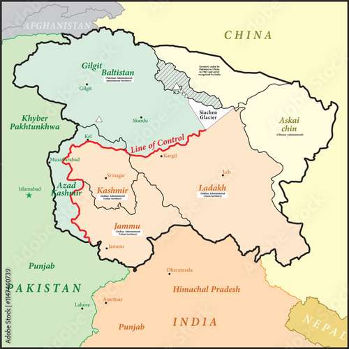 Map of Kashmir is a geographical region of the Indian subcontinent - Political Map of Kashmir with borders - outline