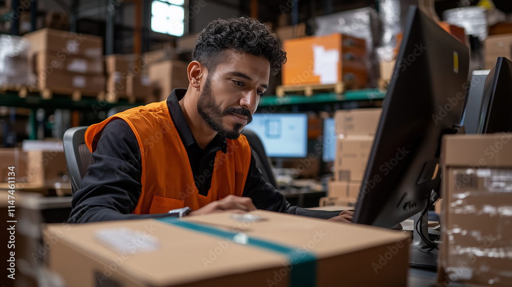 Warehouse worker processing orders on a computer.
Warehouse worker processing orders on a computer.