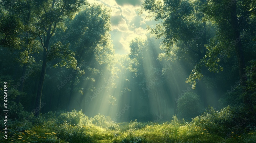 Fototapeta premium Sunbeams illuminate misty green forest clearing.