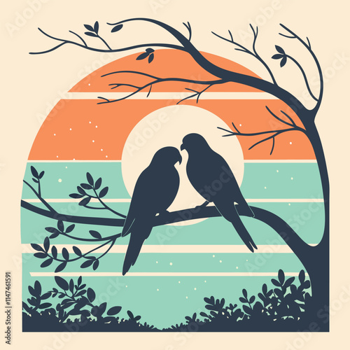 birds on a tree silhouette of lovebirds in nature.