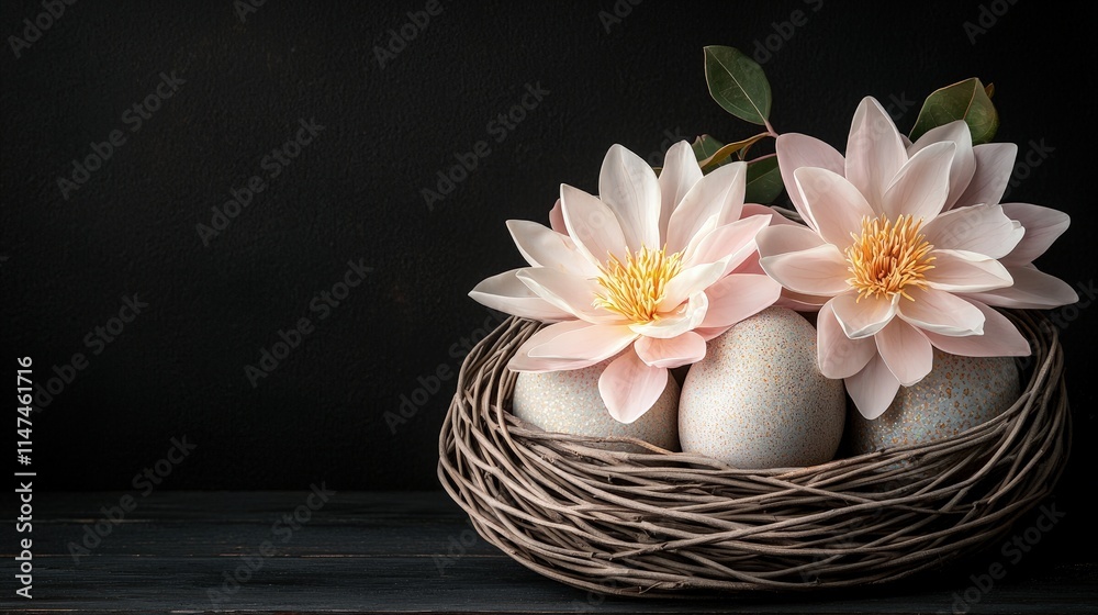 Pastel Easter eggs in bird nest with flowers. Pastel Easter eggs in bird nest with flowers.