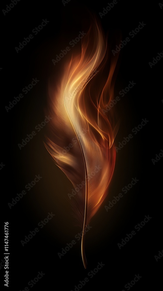 Fototapeta premium A glowing feather with warm hues of orange and red, set against a deep black background, creating an ethereal effect.