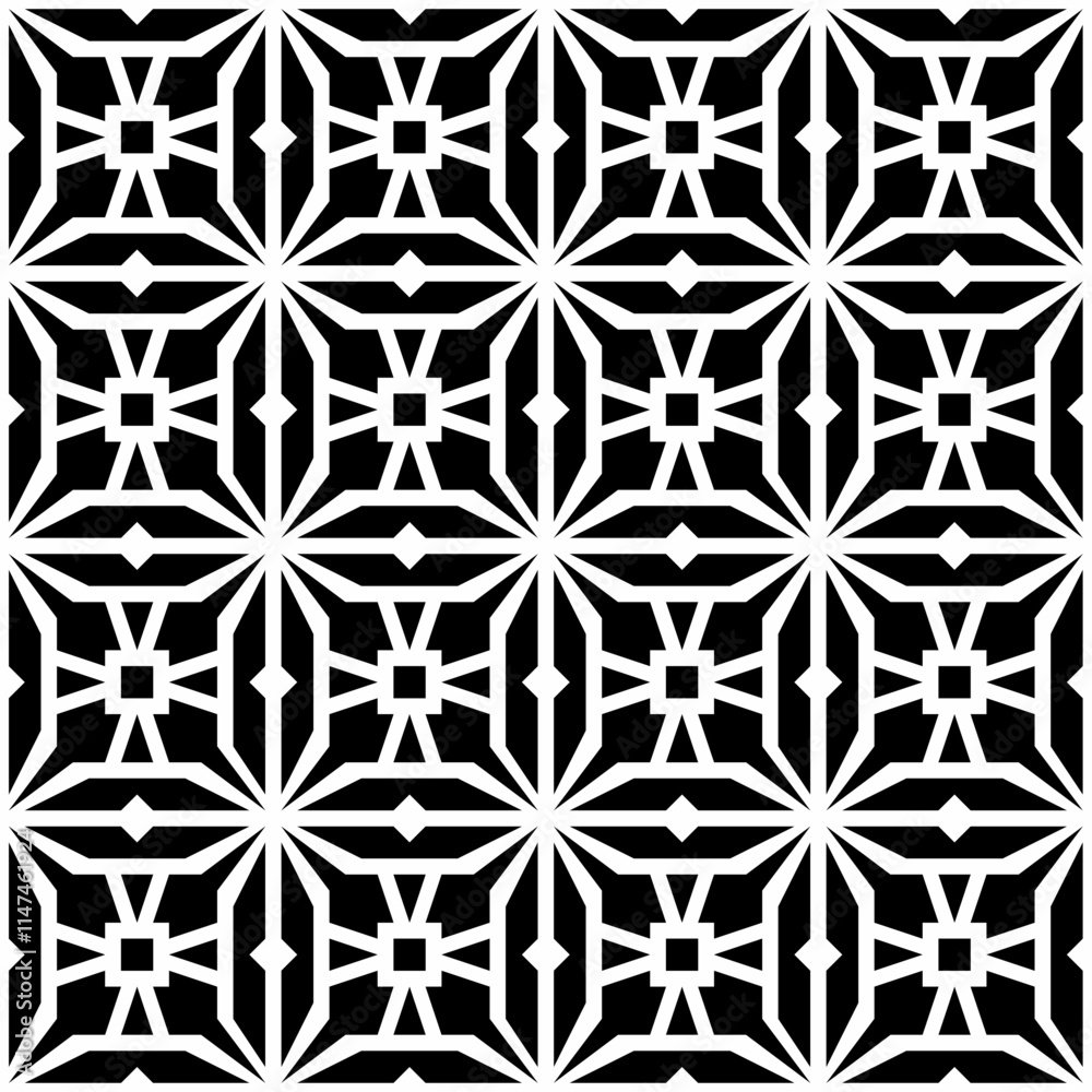 Seamless black and white geometric pattern, featuring symmetrical and abstract designs. Suitable for backgrounds, wallpapers, textiles, fabrics, etc. Seamless black and white geometric pattern, featuring symmetrical and abstract designs. Suitable for backgrounds, wallpapers, textiles, fabrics, etc.