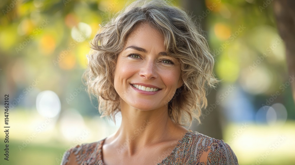 Happy, middle-aged woman with short, curly blonde hair smiling outdoors. Happy, middle-aged woman with short, curly blonde hair smiling outdoors.