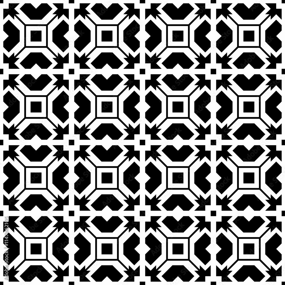 Seamless black and white geometric pattern consisting of abstract shapes, creating a symmetrical and repeating design in a grid layout. Suitable for backgrounds, wallpapers, textiles, fabrics, etc. Seamless black and white geometric pattern consisting of abstract shapes, creating a symmetrical and repeating design in a grid layout. Suitable for backgrounds, wallpapers, textiles, fabrics, etc.