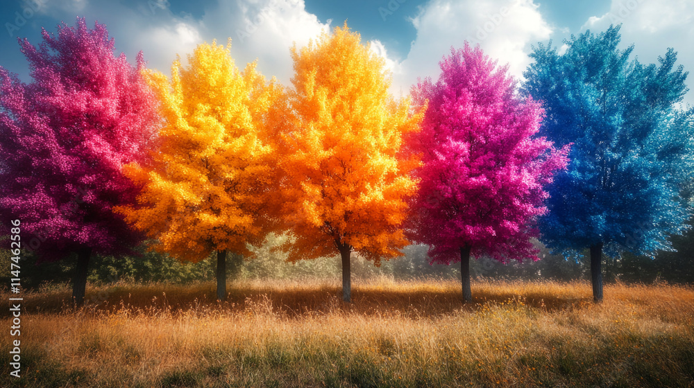 Fototapeta premium Colorful trees display vibrant autumn hues in a serene landscape. 