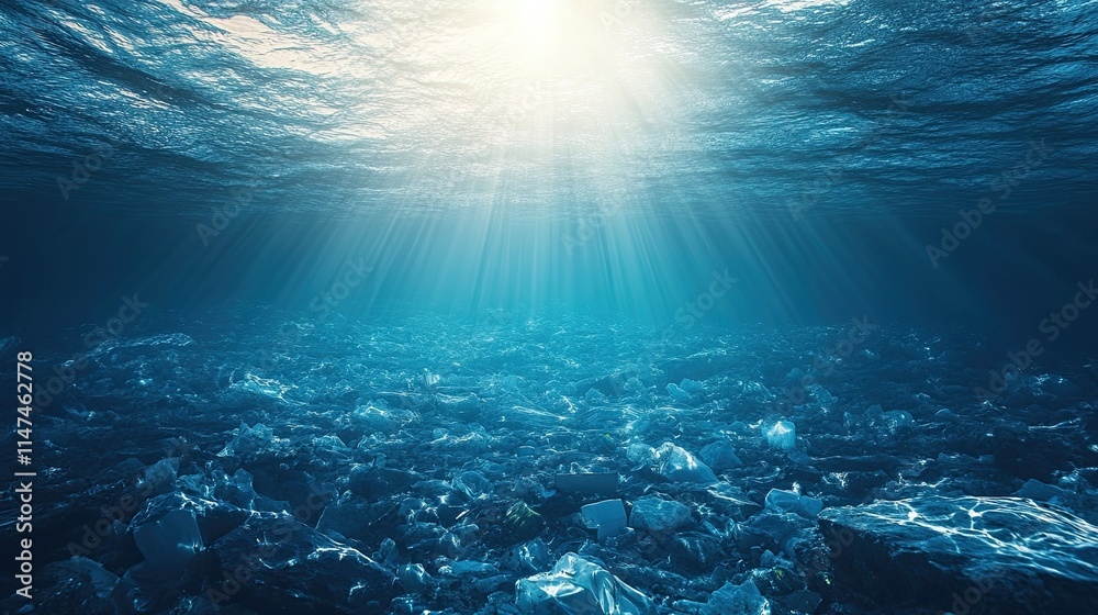 Fototapeta premium Environmental Issue: Plastic Pollution in the Ocean: Garbage Floating on the Sea Causes Underwater Shine