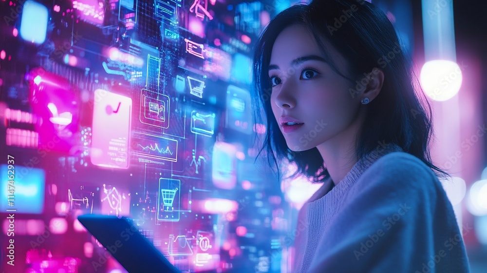 A woman interacts with digital data visuals in a futuristic setting.