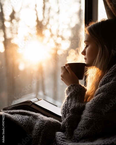 Woman enjoying a warm drink by a sunlit window.