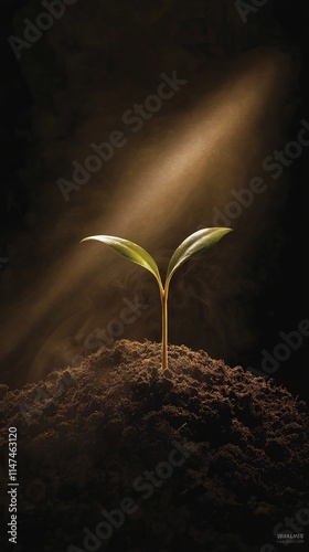 A young green plant sprouting from rich soil, illuminated by a soft light, symbolizing growth and new beginnings.