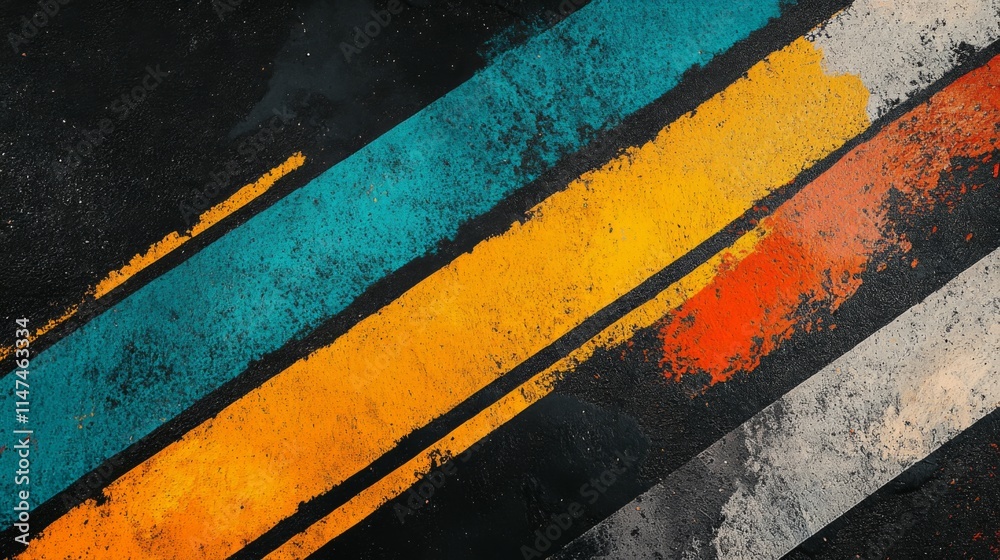 Fototapeta premium Abstract grunge background with diagonal stripes in teal, orange, and grey on dark surface.