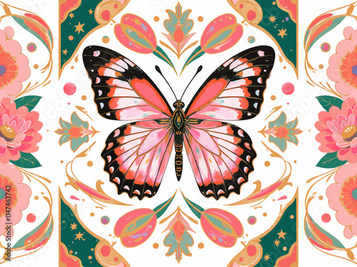 butterfly pattern, flat painted illustration lines, pattern design, using symmetrical rotation, continuous in four directions