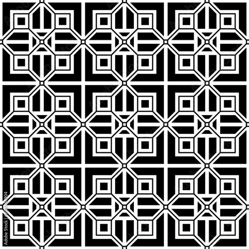 Seamless black and white geometric pattern consisting of symmetrical shapes with a combination of straight lines and checks. Suitable for backgrounds, wallpapers, textiles, fabrics, etc.