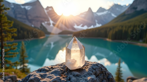 Serene sunrise illuminates a crystal clear quartz point, perched atop a rock overlooking a tranquil mountain lake. Breathtaking! photo