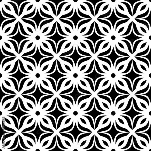 Seamless black and white geometric pattern, consisting of repeating symmetrical floral shapes. Suitable for backgrounds, wallpapers, textile designs, prints, etc.