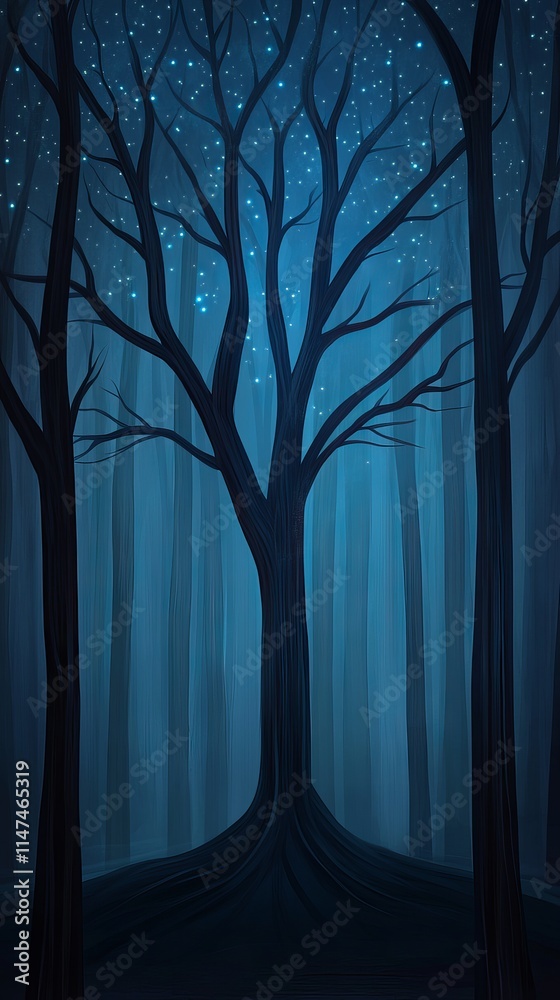 Obraz premium A mystical tree stands tall in a dark, blue-hued forest under a starry night sky.