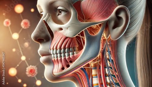 3D illustration of a human chin showcasing the bone structure and mandibular connection for anatomical education and medical studies. photo