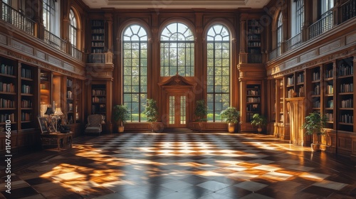 Sunlit grand library; wood, books, checkered floor. photo