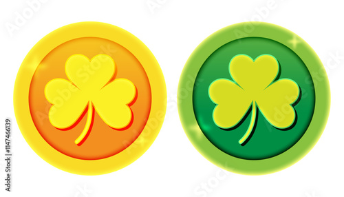 St patrick’s day shiny green and gold coin 3d vector illustration png transparent background with three leaves clover symbol