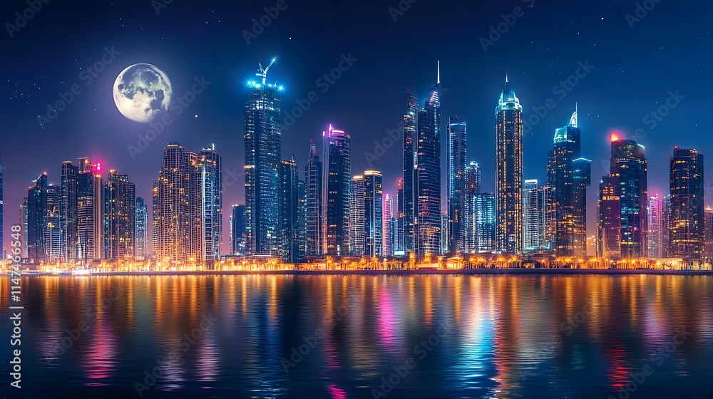 Fototapeta premium Nighttime Cityscape Illuminated Skyscrapers Under Full Moon