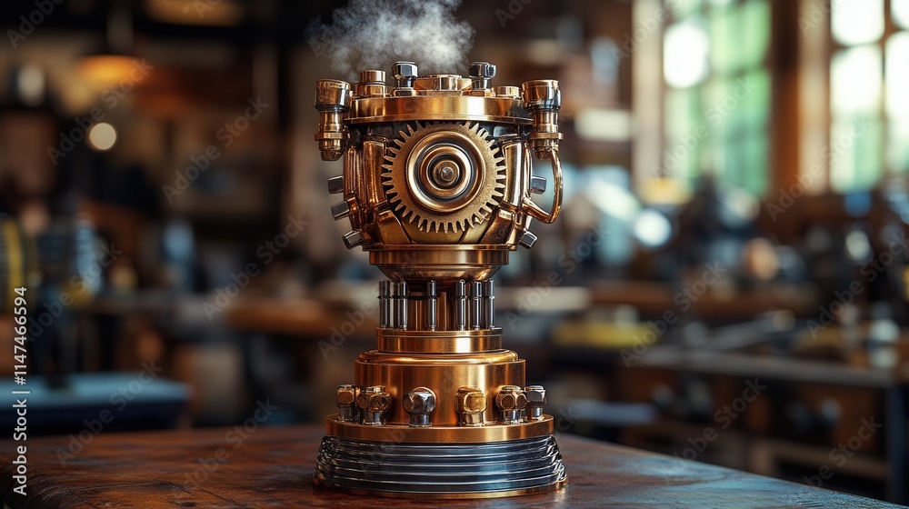 A detailed steampunk-inspired machine with intricate gears and steam, showcasing craftsmanship in a workshop setting. A detailed steampunk-inspired machine with intricate gears and steam, showcasing craftsmanship in a workshop setting.