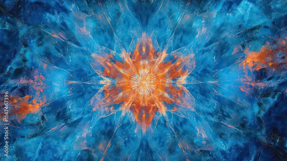 Abstract fractal art with vibrant blue and orange hues forming a symmetrical, star-like pattern. Abstract fractal art with vibrant blue and orange hues forming a symmetrical, star-like pattern.