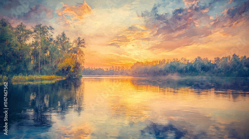 Serene sunset over calm river surrounded by lush greenery in peaceful location. 