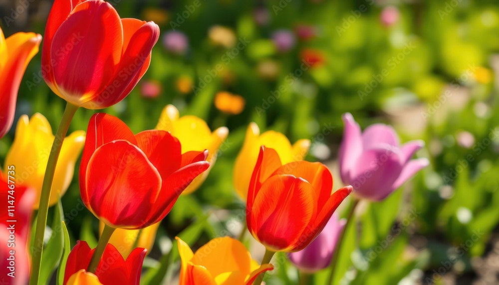 A vibrant display of tulips in various colors, showcasing spring beauty in a garden setting. A vibrant display of tulips in various colors, showcasing spring beauty in a garden setting.