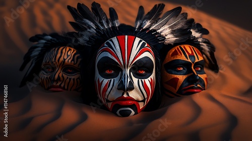 Tribal Masks Emerge from Desert Sands: A Striking Photograph AI Generated photo