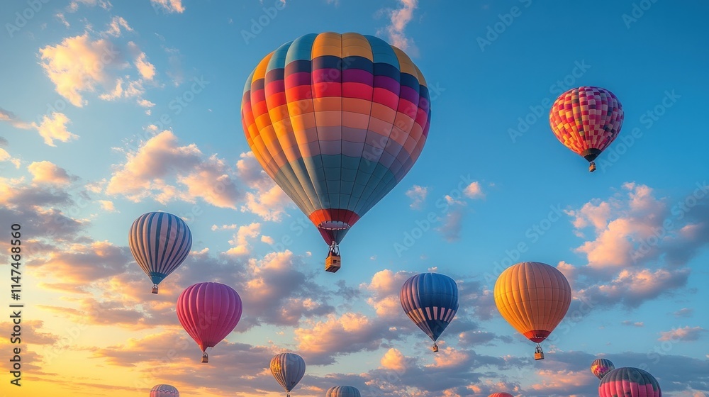 Obraz premium Colorful hot air balloons ascend, sunset sky.