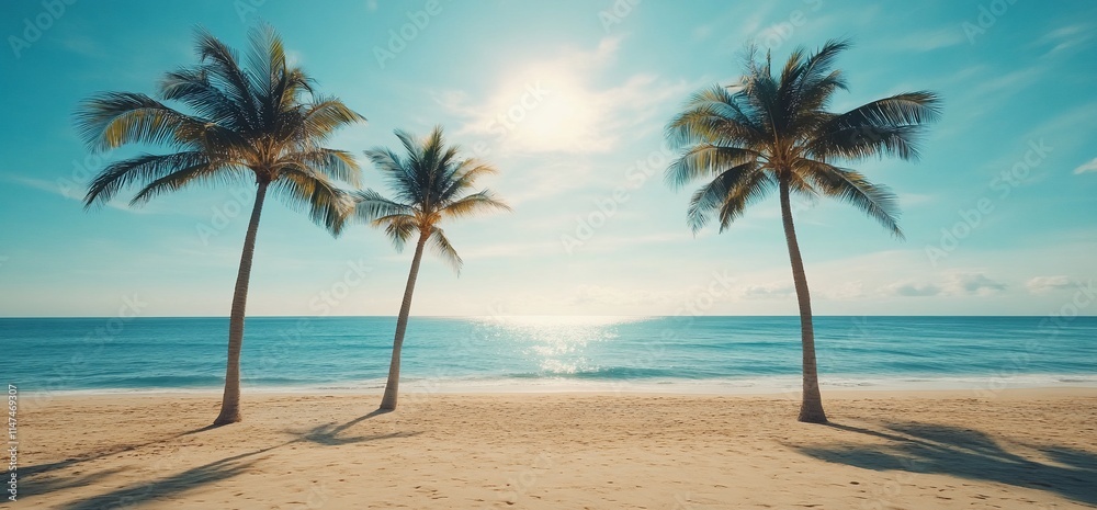 Serene beach scene with palm trees and a bright sun over calm ocean waters. Serene beach scene with palm trees and a bright sun over calm ocean waters.
