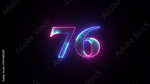 Abstract glowing neon number "76''. Blue and purple neon futuristic effect. Trendy glow lighting