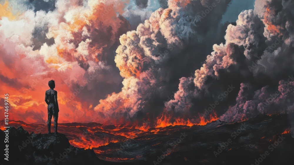 Fototapeta premium A lone child stands on a volcanic landscape, gazing at a fiery, cloudy sky.