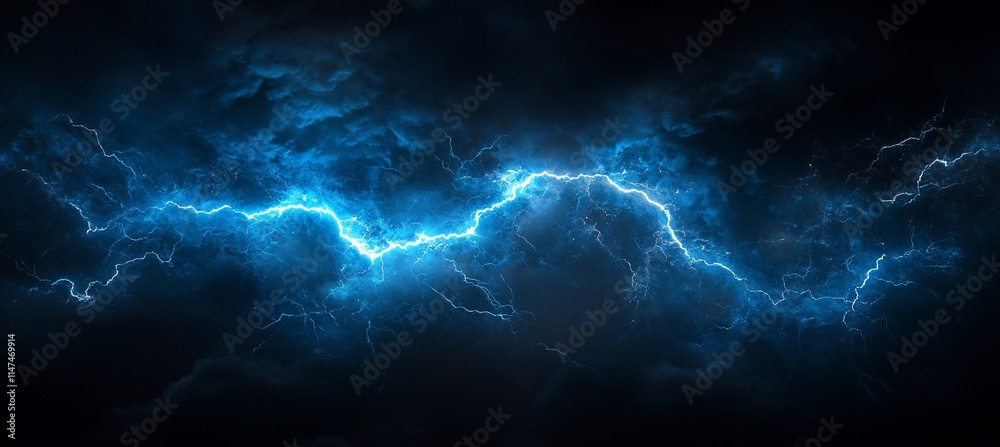 Blue lightning strike across dark stormy clouds. Blue lightning strike across dark stormy clouds.