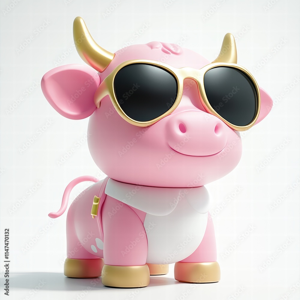 Fototapeta premium Cute pink cow toy model with sunglasses on white background playful figure pastel environment