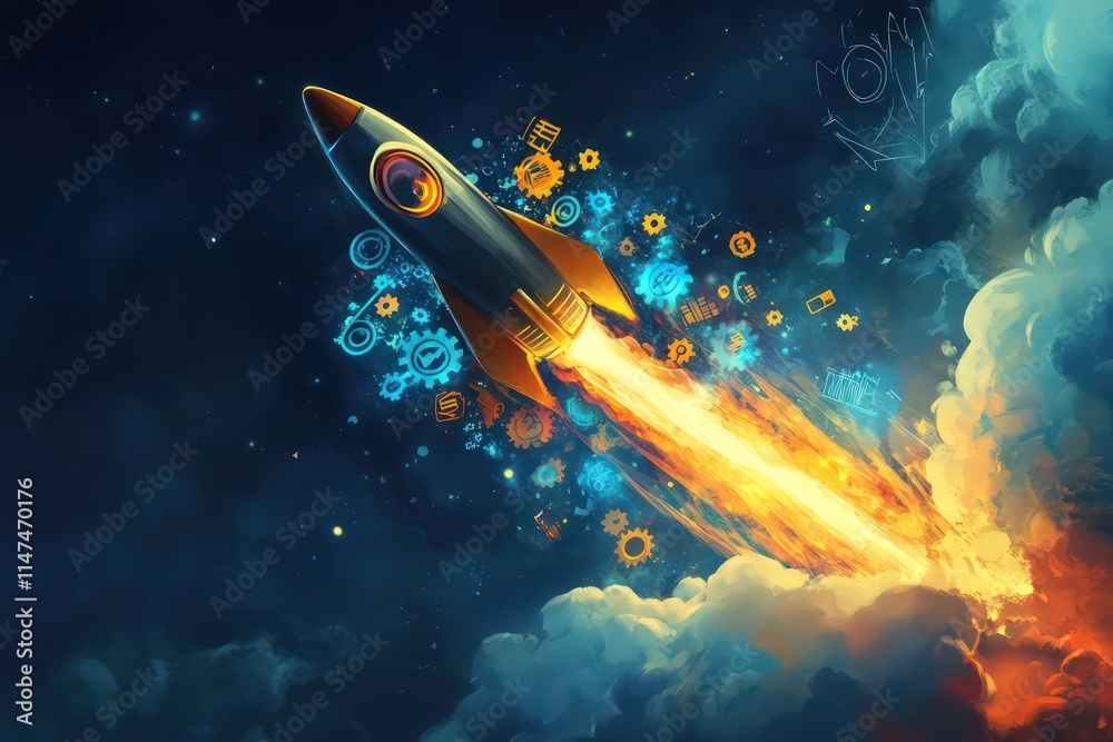 A dramatic rendering of a rocket breaking through clouds, leaving behind a trail of bright business-themed symbols like gears, charts, and currency signs. A dramatic rendering of a rocket breaking through clouds, leaving behind a trail of bright business-themed symbols like gears, charts, and currency signs.