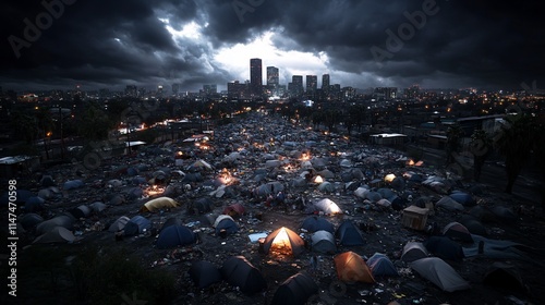 Aerial view of a large encampment under stormy skies.
