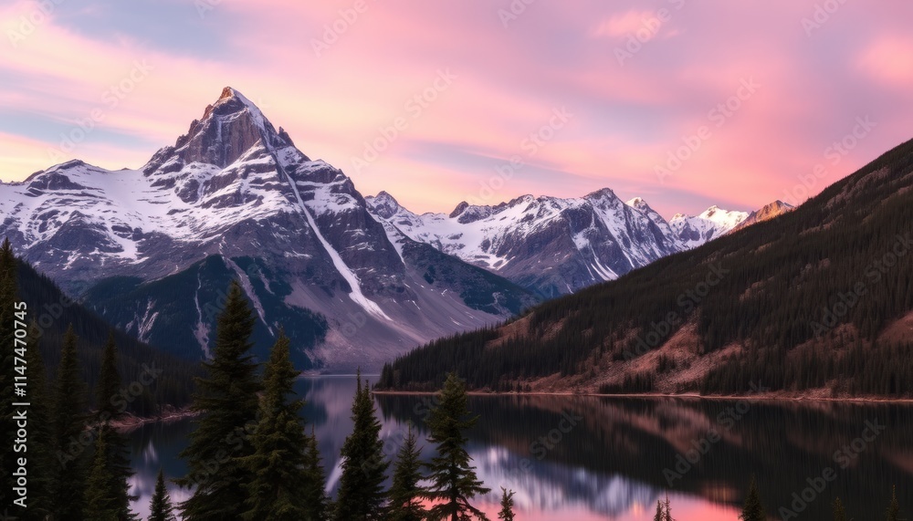 Obraz premium Serene mountain landscape at sunrise, reflecting in a calm lake surrounded by evergreen trees.